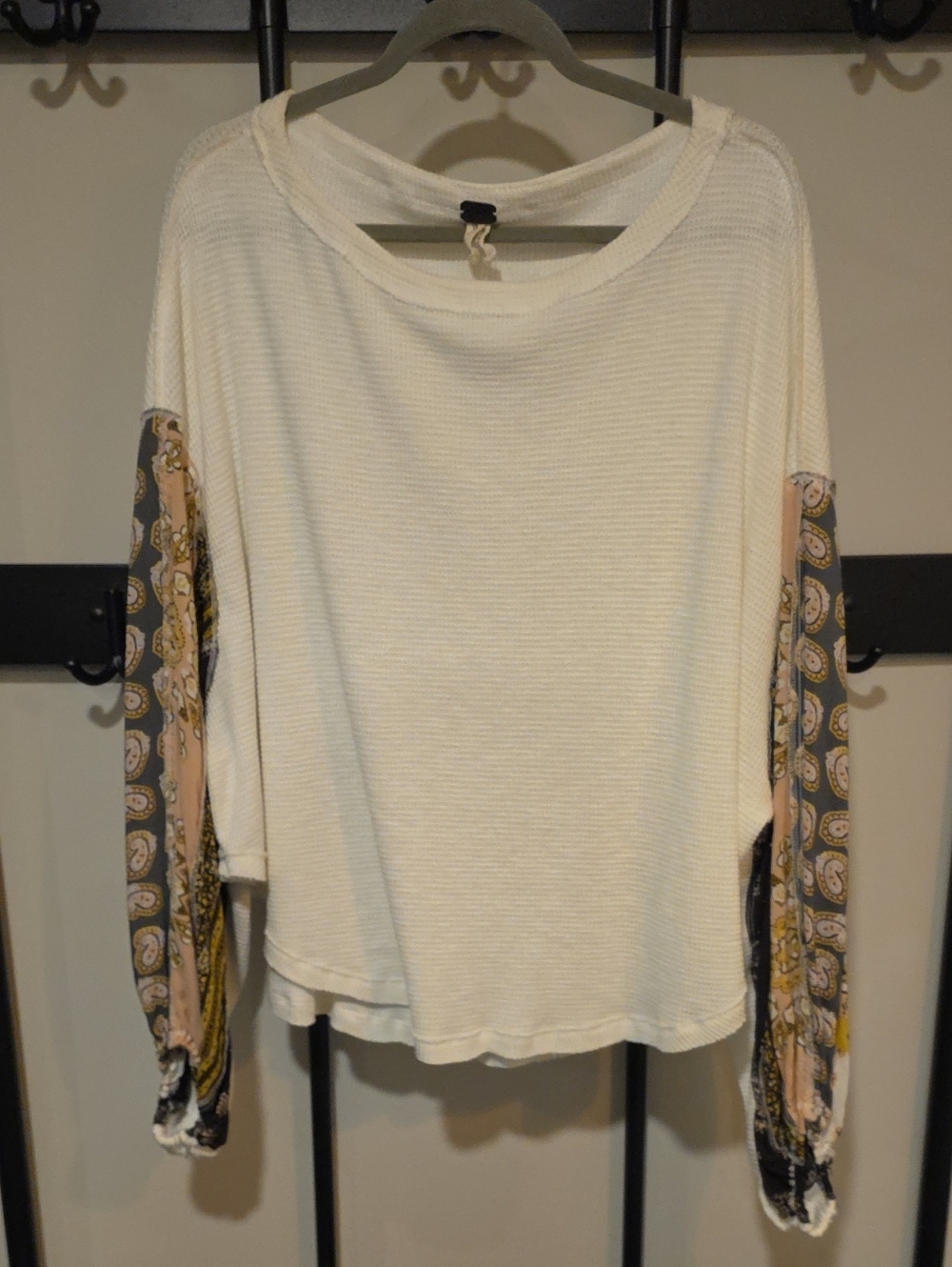 We The Free Cream Waffle Knit Top with Patterned Long Sleeves